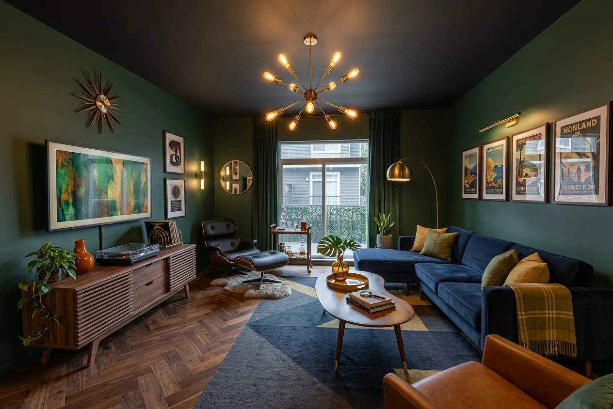 The same living room renovated in the Mid-Century style with the Deep and Dark palette