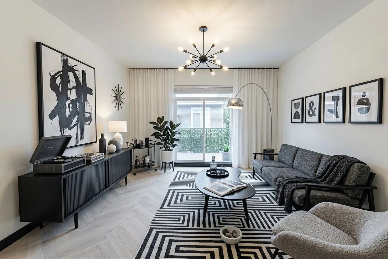 The same living room renovated in the Mid-Century style with the Monochrome palette