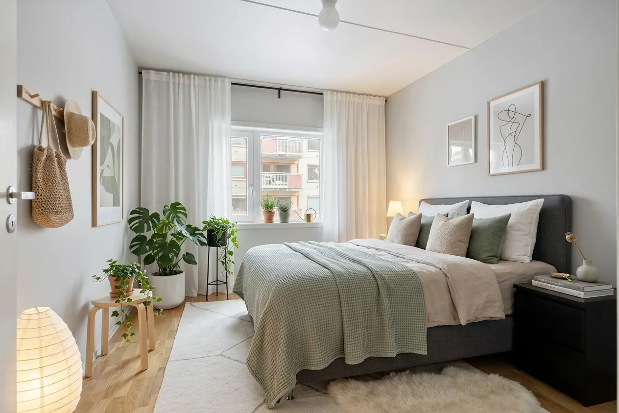 A different bedroom decorated in the Scandinavian style, walls and furniture untouched