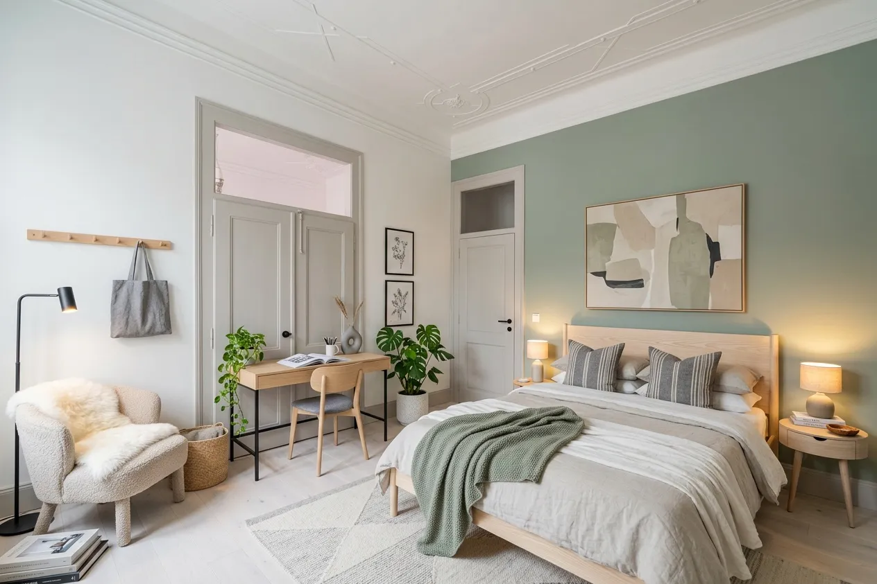 Abandoned bedroom renovated in the Scandinavian style, mouldings and doorways kept