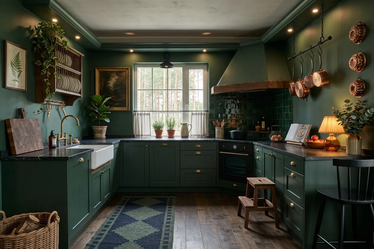 The same kitchen renovated in the Farmhouse style with the Deep and Dark palette