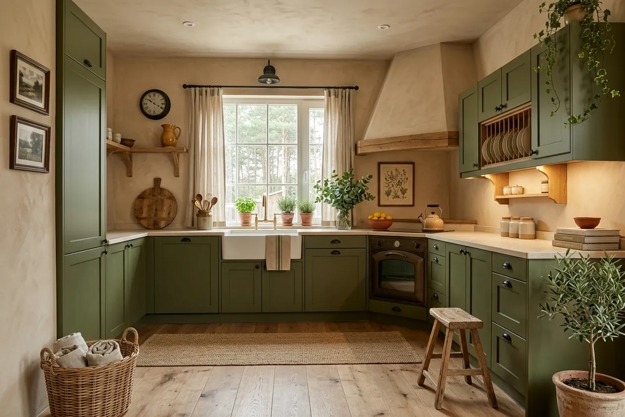 The same kitchen renovated in the Farmhouse style with the Earth Tones palette