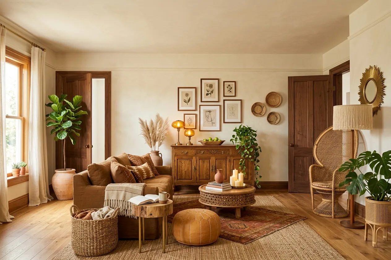 The same living room renovated in the Bohemian style with the Warm Woods palette