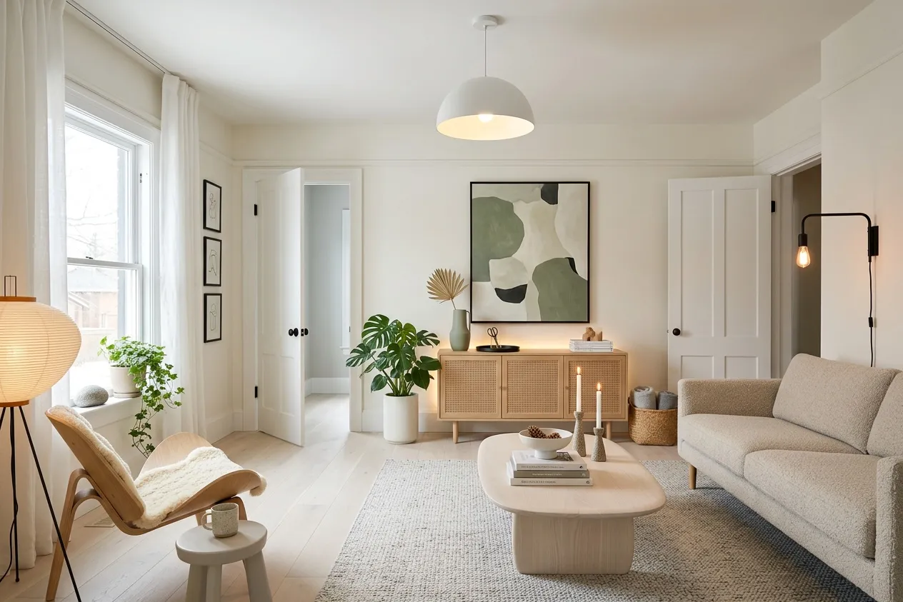 Derelict room renovated into a Scandinavian living room, openings and windows kept