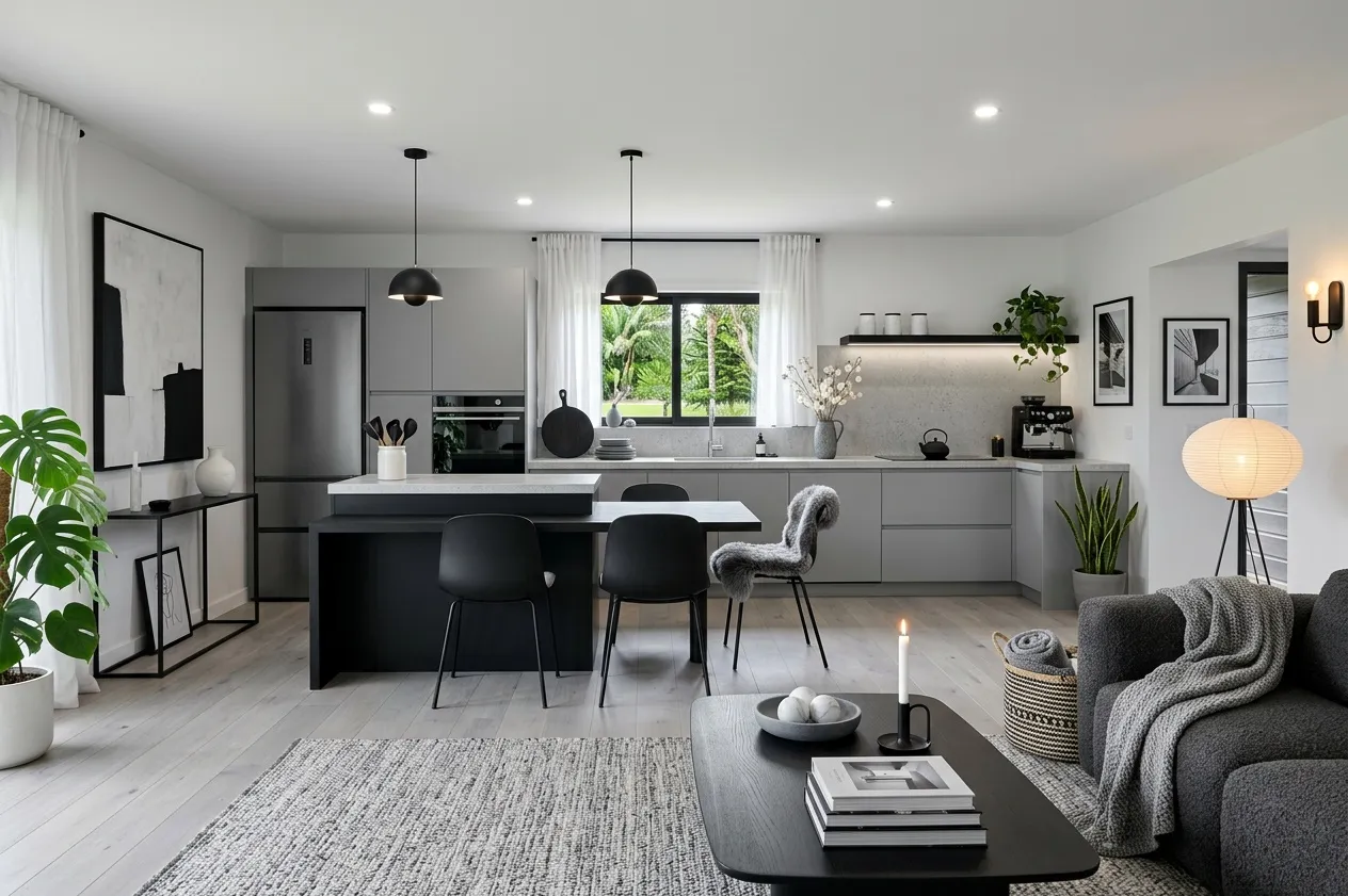 The same kitchen renovated in the Scandinavian style with the Monochrome palette