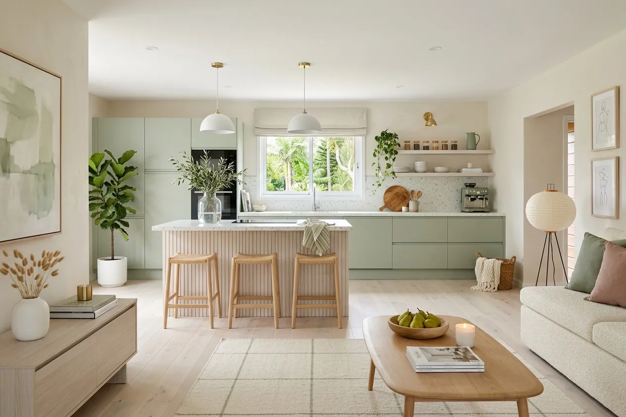 Open-plan kitchen renovated in the Scandinavian style with the Soft Pastels palette